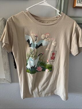 Beige Kids Short Sleeve Tee with Crane Art